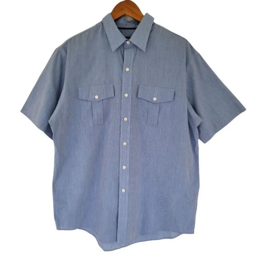 Van Heusen‎ Short Sleeve Striped Button down Shirt Womans Size L Blue